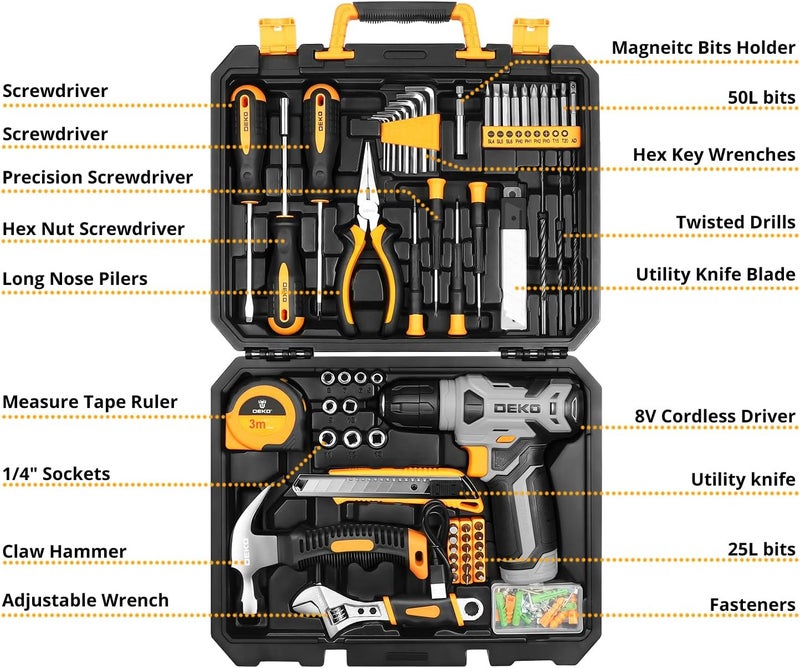 DEKOPRO Tool Set：Tool Kit with 8V Cordless Drill,Tool Box with Drill,Hand Drill Set for Men & Women,Home Tool Kits for House Repair,Handyman,DIY 126 Piece - Image 2